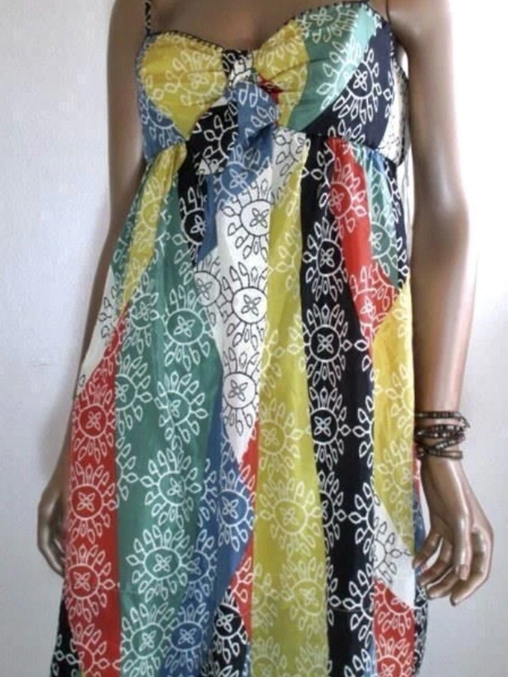 BCBGMAXAZRIA Silk Patchwork Babydoll Dress Tribal Sunburst Y2K Boho